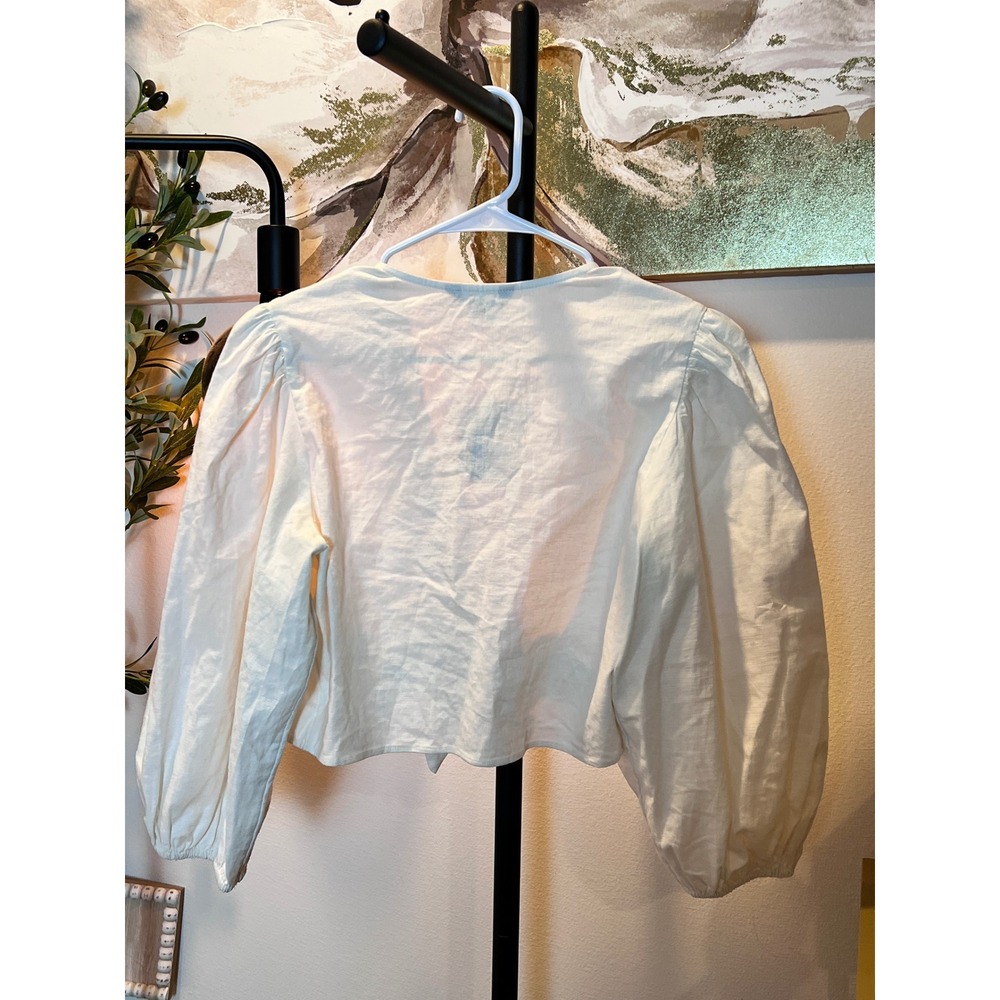 Linen Blend Express Womens Cream Tie Front Puff Sleeve Crop Top Large NEW - Picture 6 of 7
